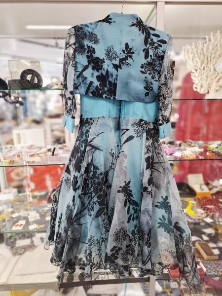 ABITO TURCHESE FANTASIA FOGLIE E FIORI NERI (veste 44/46)