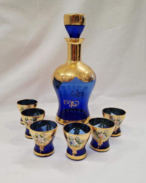 BOTTIGLIA + 6 BICCHIERINI VETRO BLU DORATO VINTAGE