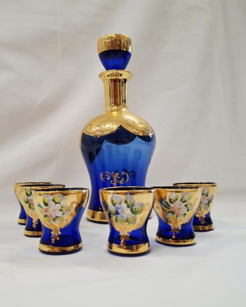 BOTTIGLIA + 6 BICCHIERINI VETRO BLU DORATO VINTAGE