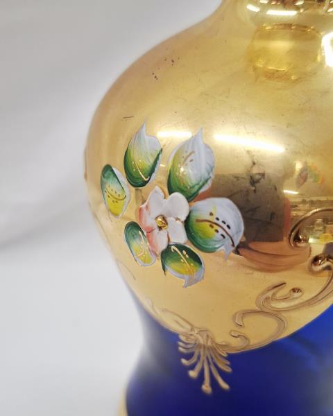 BOTTIGLIA + 6 BICCHIERINI VETRO BLU DORATO VINTAGE