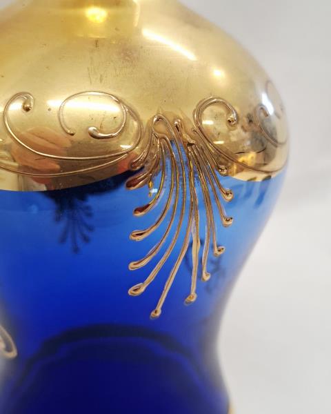 BOTTIGLIA + 6 BICCHIERINI VETRO BLU DORATO VINTAGE