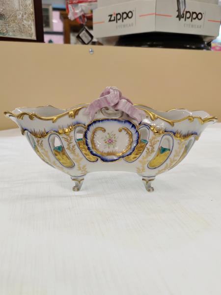 CESTINO CERAMICA FIORI BORDI DORATI DIPINTO A MANO
