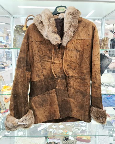 GIACCA KS PELLE MARRONE COLLO E POLSINI LAPIN RF 44