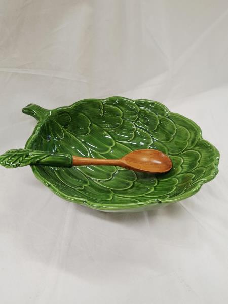 INSALATIERA FOGLIA VERDE CON CUCCHIAIO LEGNO CERAMICA