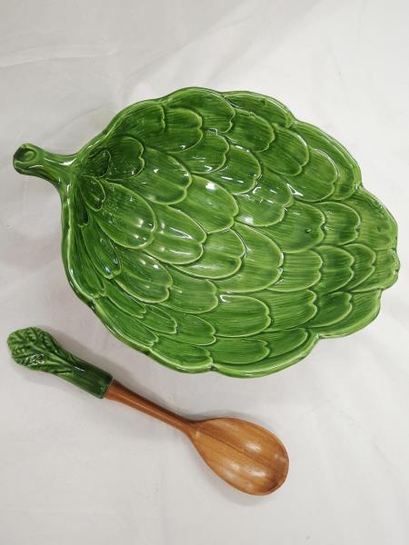 INSALATIERA FOGLIA VERDE CON CUCCHIAIO LEGNO CERAMICA