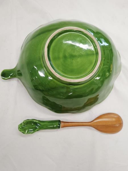 INSALATIERA FOGLIA VERDE CON CUCCHIAIO LEGNO CERAMICA
