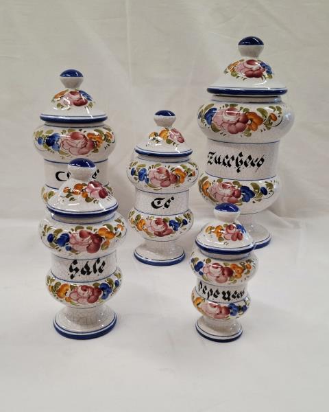 SET 5 BARATTOLI CUCINA CERAMICA FIORI ROSSI E BLU