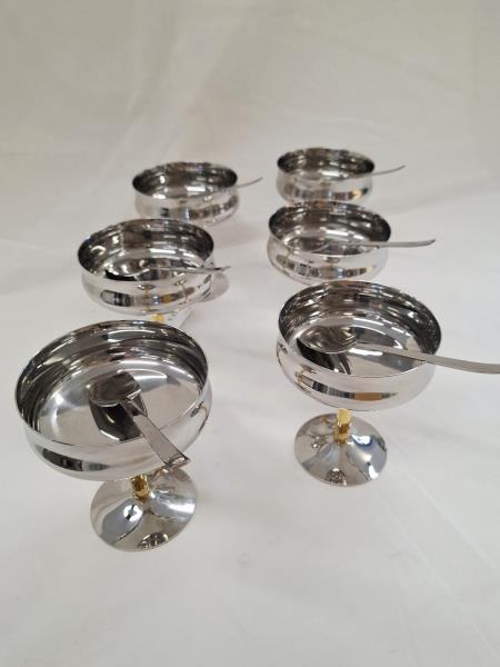 SET 6 COPPE GELATO ACCIAIO GAMBO DORATO CON CUCCHIAINI
