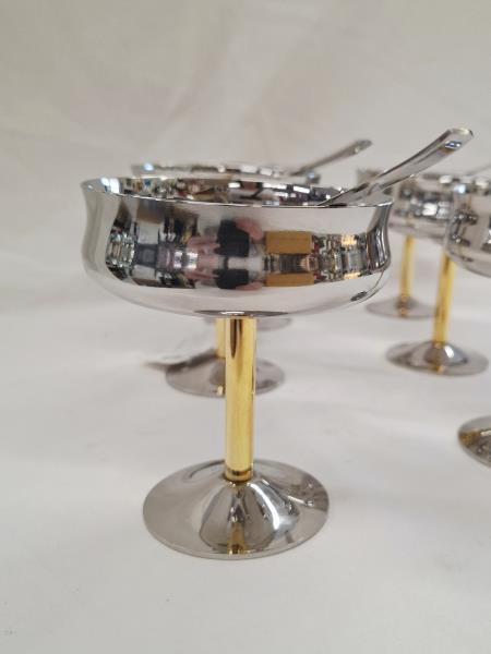 SET 6 COPPE GELATO ACCIAIO GAMBO DORATO CON CUCCHIAINI