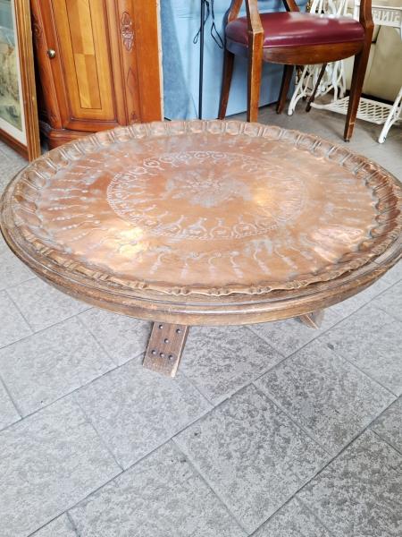 TAVOLINO TONDO LEGNO RAME DA FUMO ORIENTALE